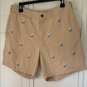 Castaway Nantucket Island Tan Flat-Front Shorts with Embroidered Beer Motif Sz34